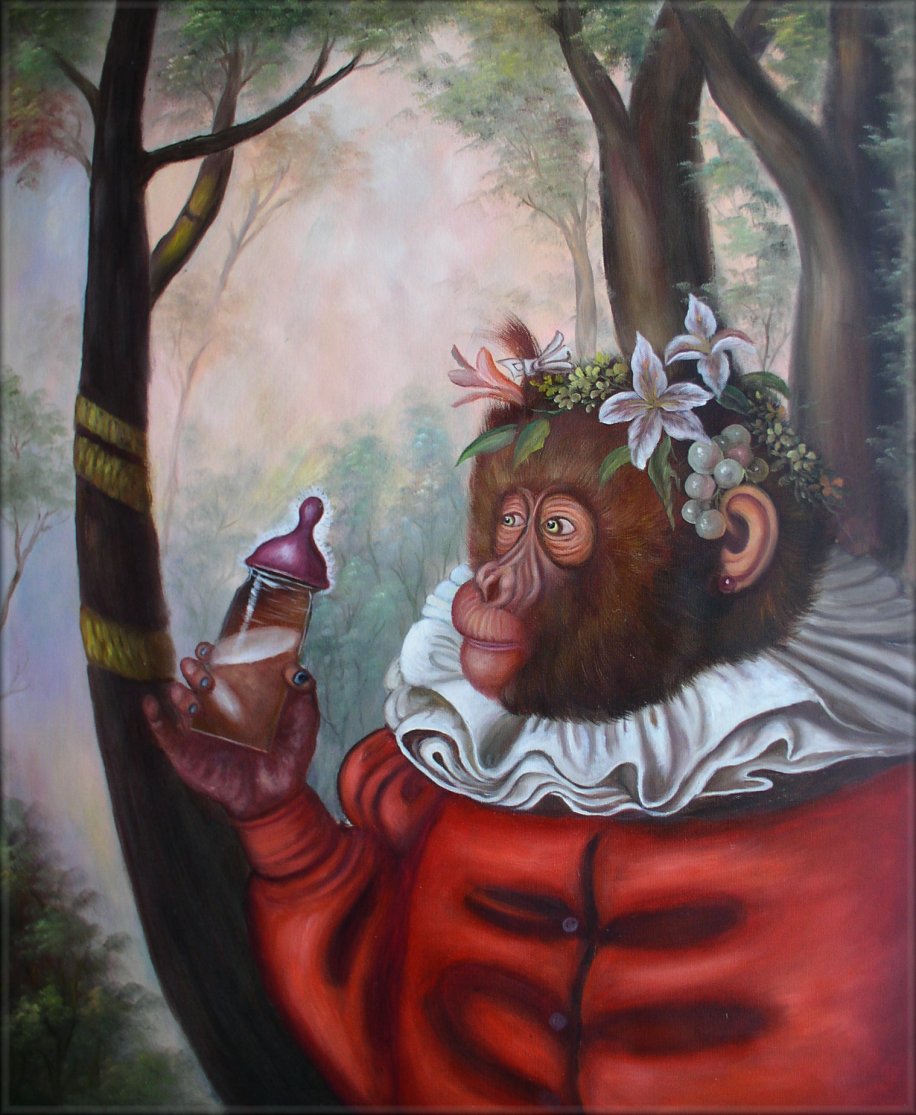 Framed Hand Painted Oil Painting, Monkey Holding Baby's Bottle 20x24in
