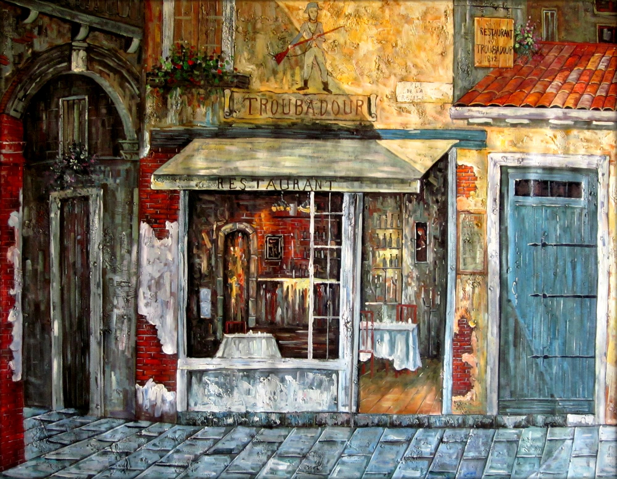 Stretched Hand Painted Oil Painting, European Storefront Series XII