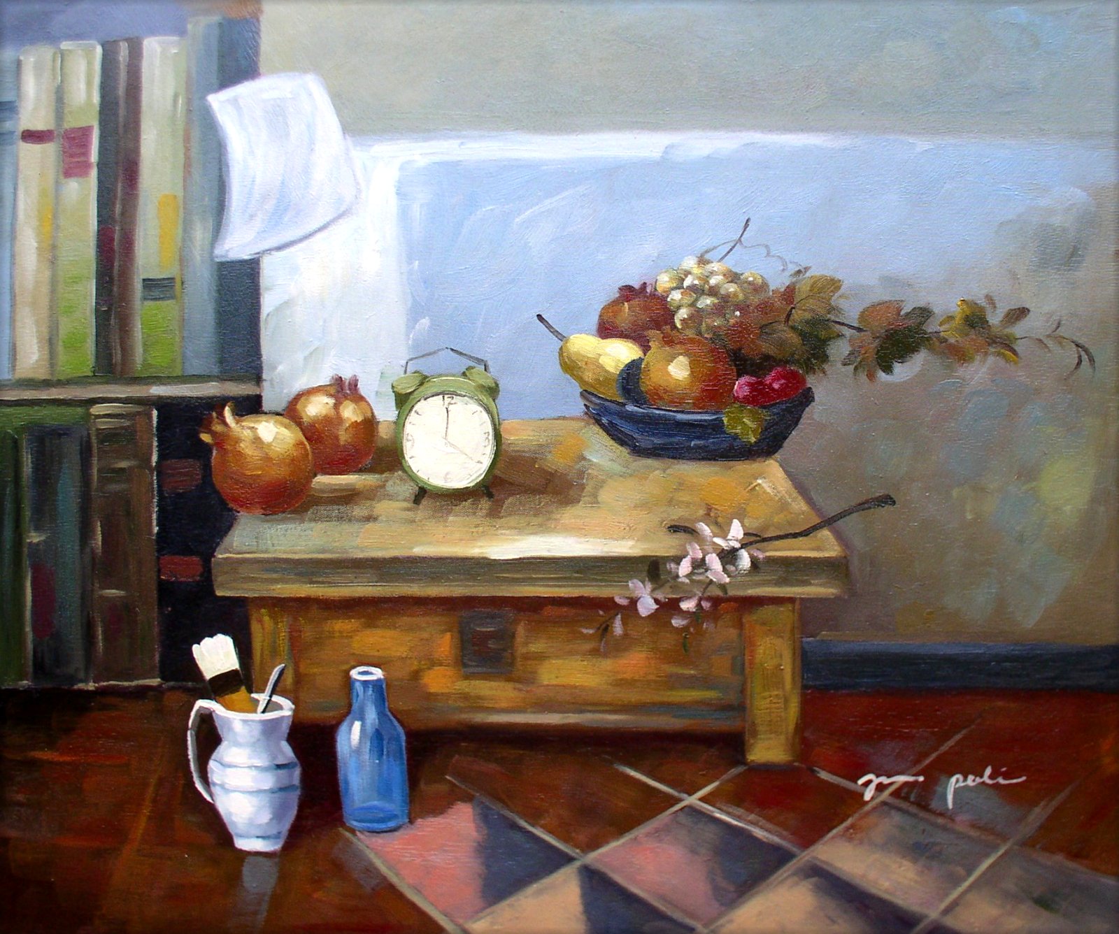 Framed, Still Life with Clock and Fruits, Hand Painted Oil Painting ...