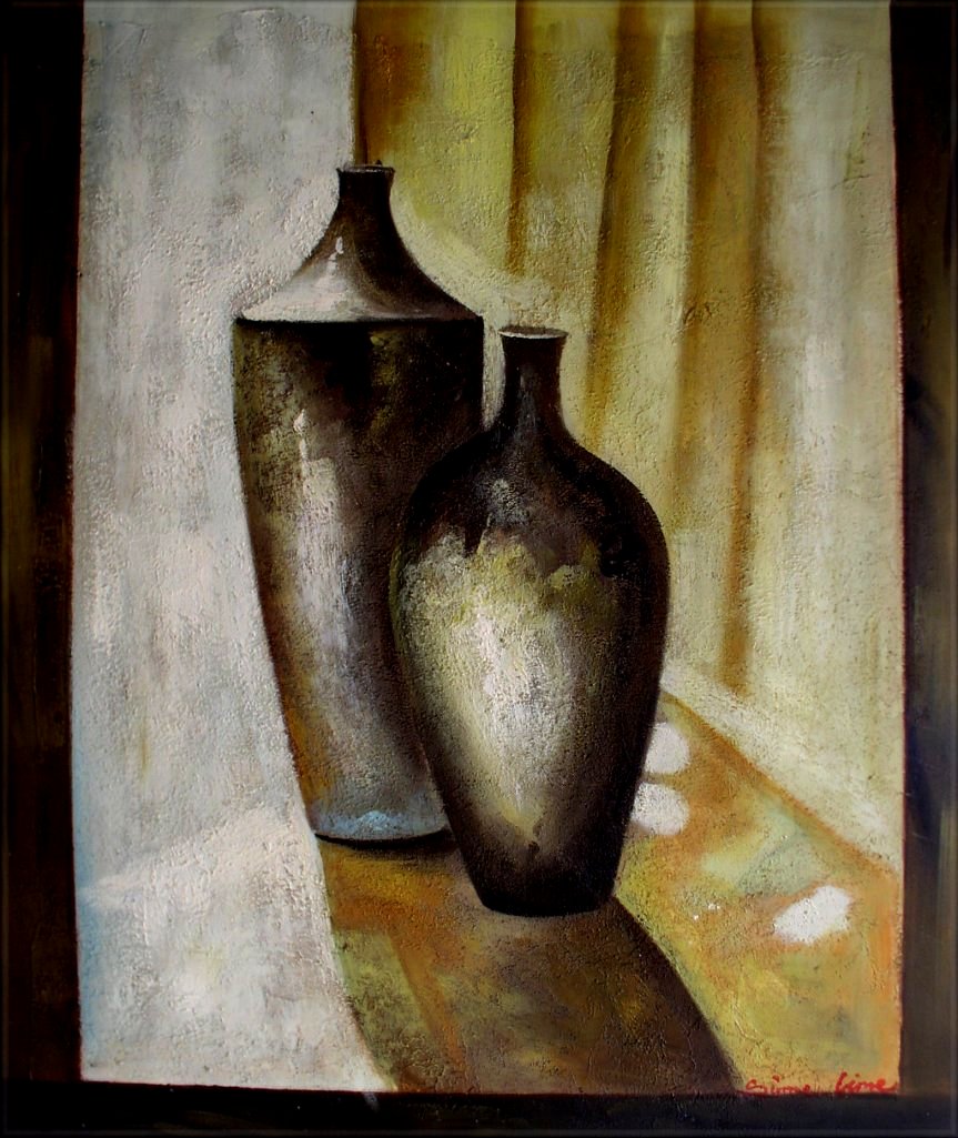 Framed, Hand Painted Oil Painting Still Life with Two Pottery Vases