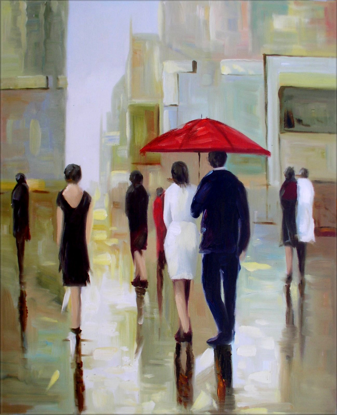 Quality Hand Painted Oil Painting, People Strolling in the Rain