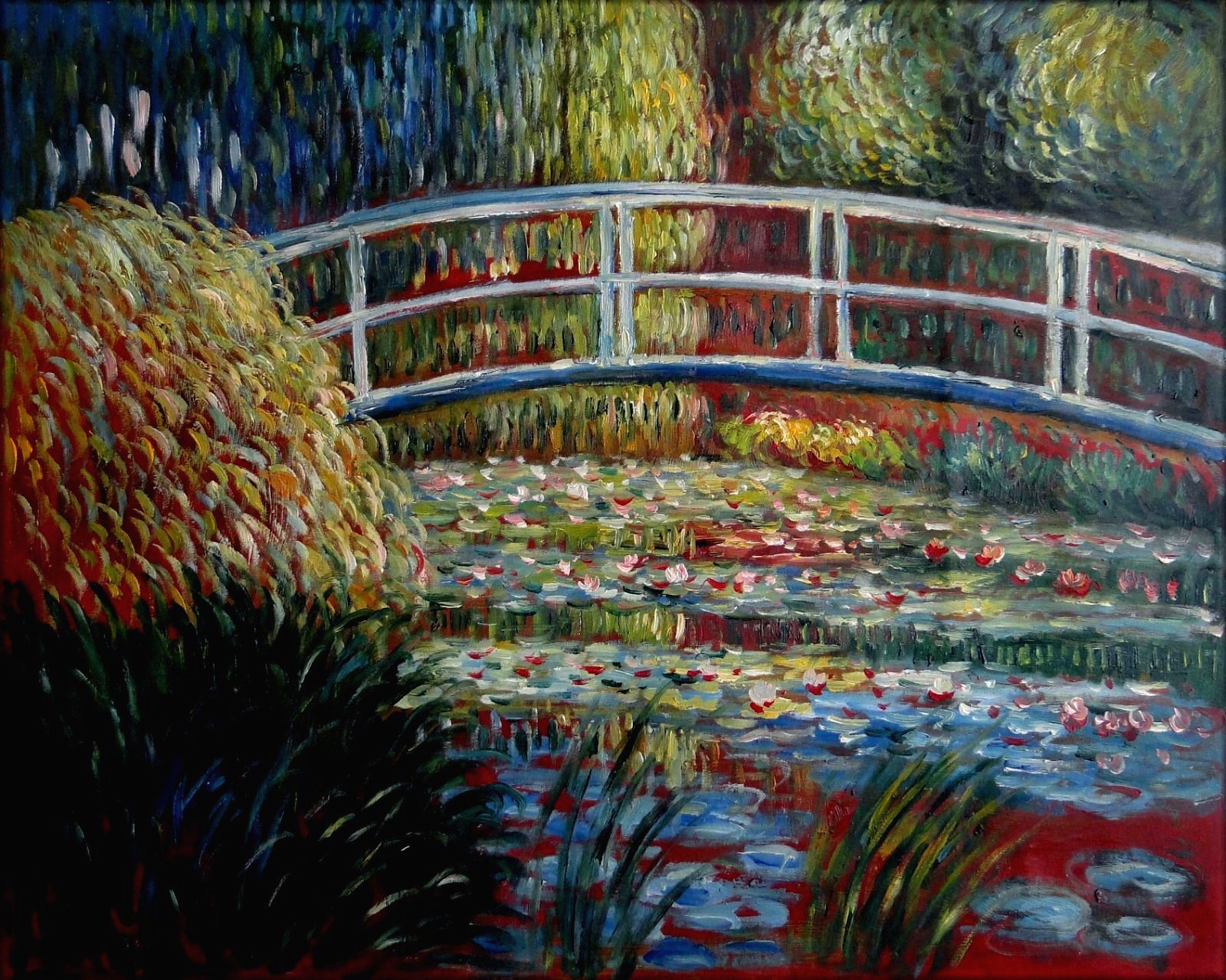 Framed Bridge over Water Lily Pond Repro Hand Painted Oil