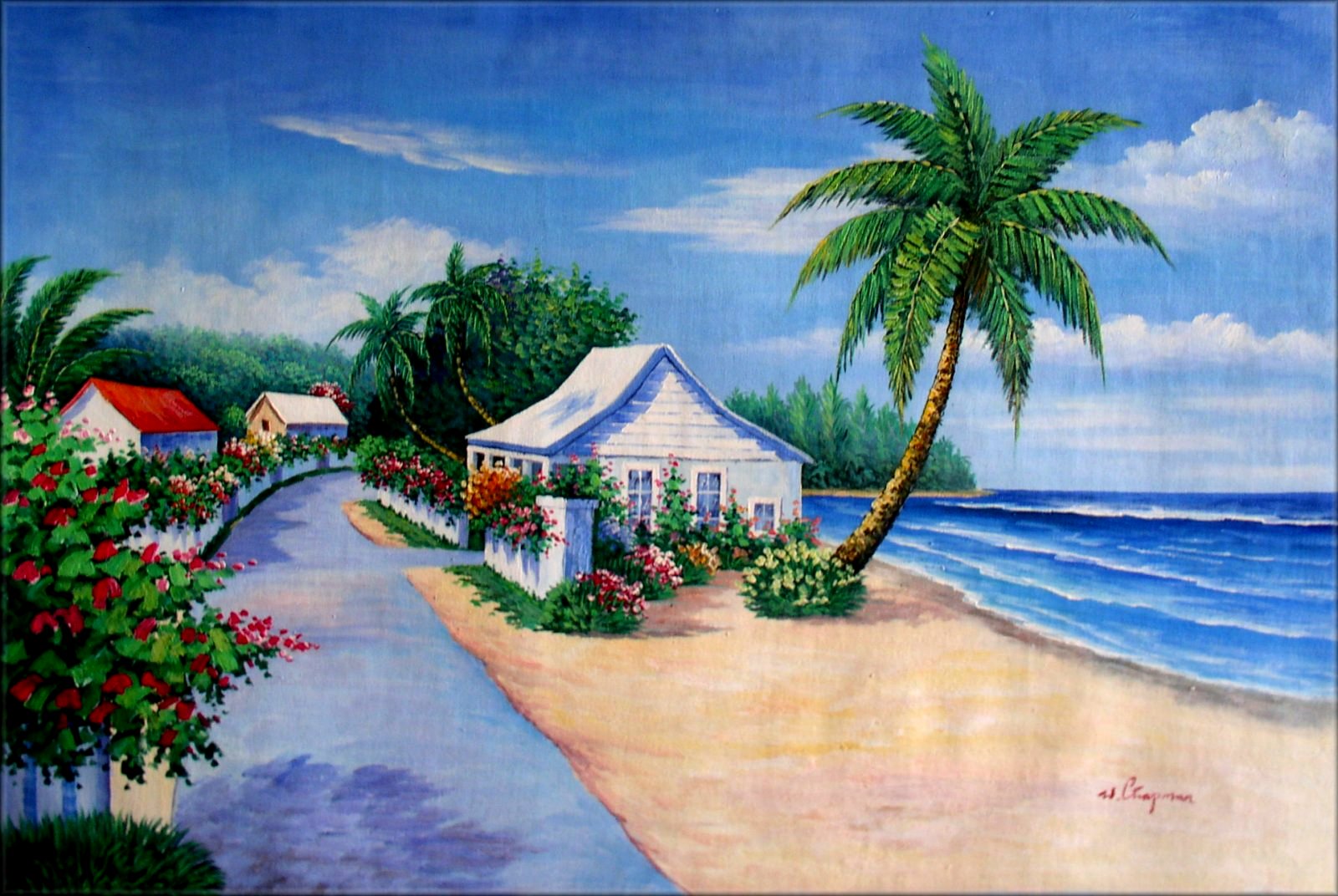 Framed A View from Seaside, Quality Hand Painted Oil Painting 24x36in