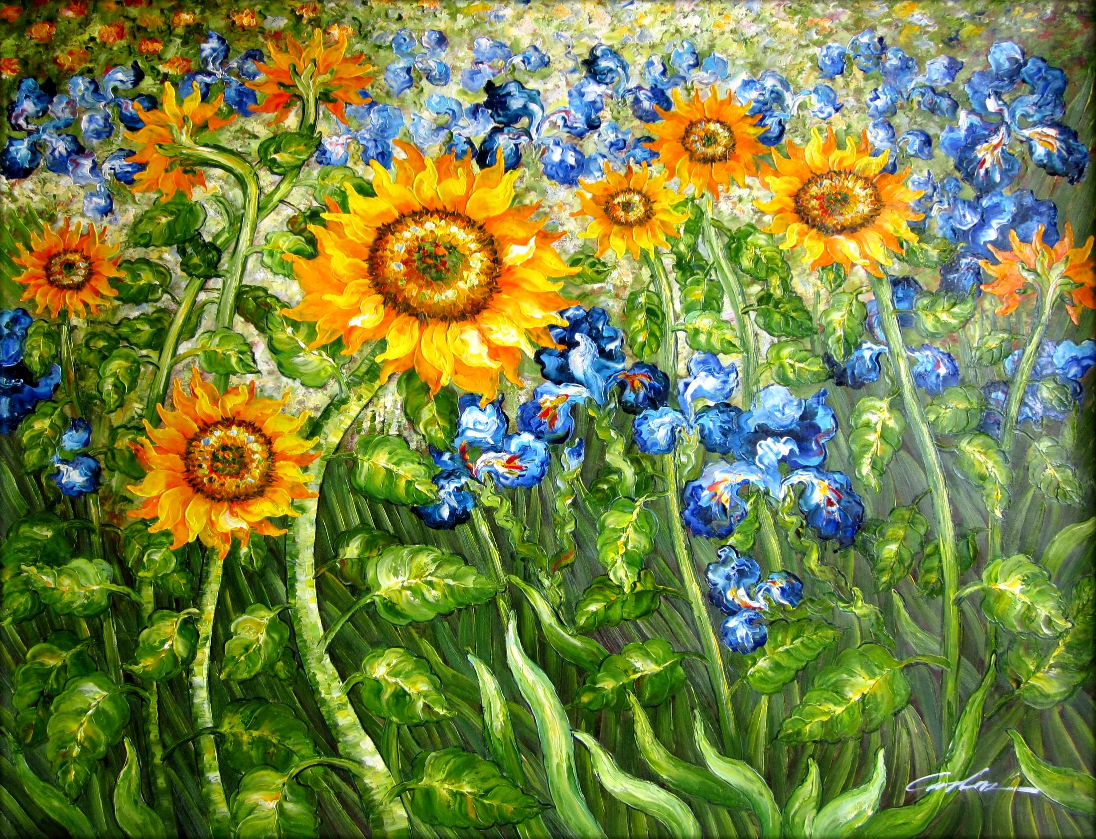 Van Gogh Sunflowers And Irises Field Repro Iii Hand Painted Oil